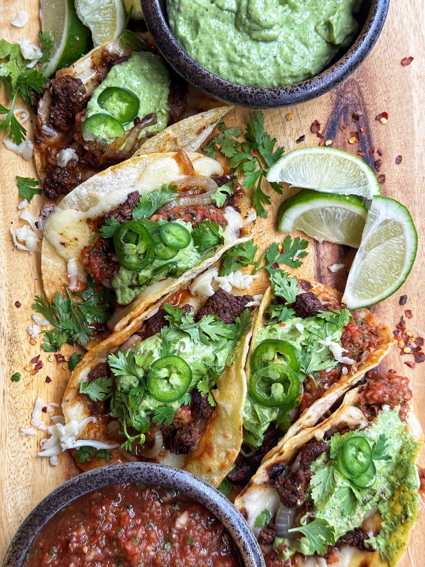 Steak Tacos with Chipotle Salsa and Avocado Crema