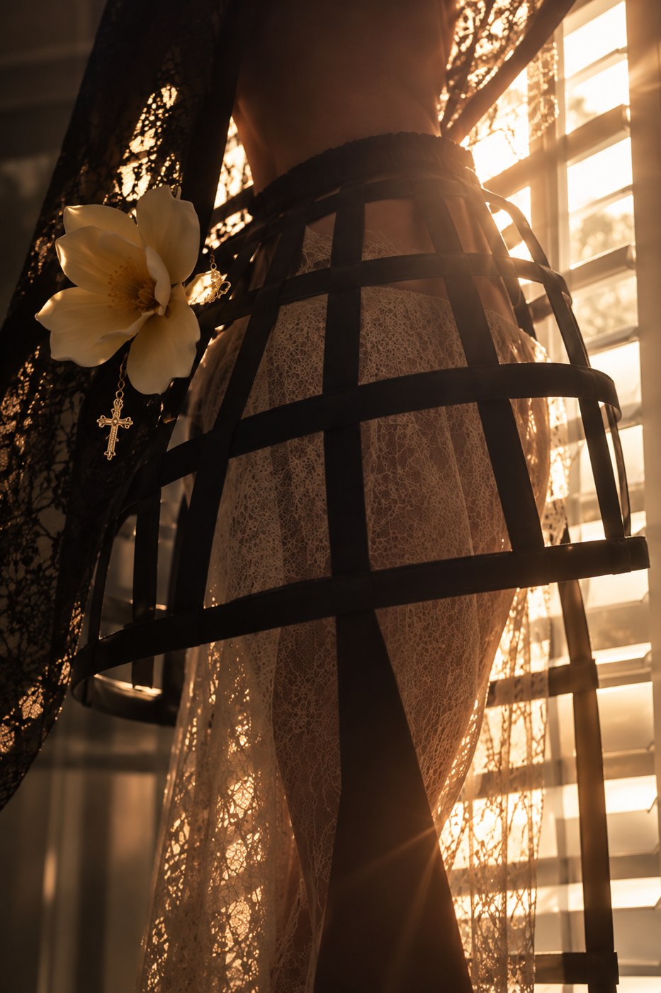 Black cage structure worn as a skirt over white lace, backlit by a sunny window, with a magnolia and cross charm