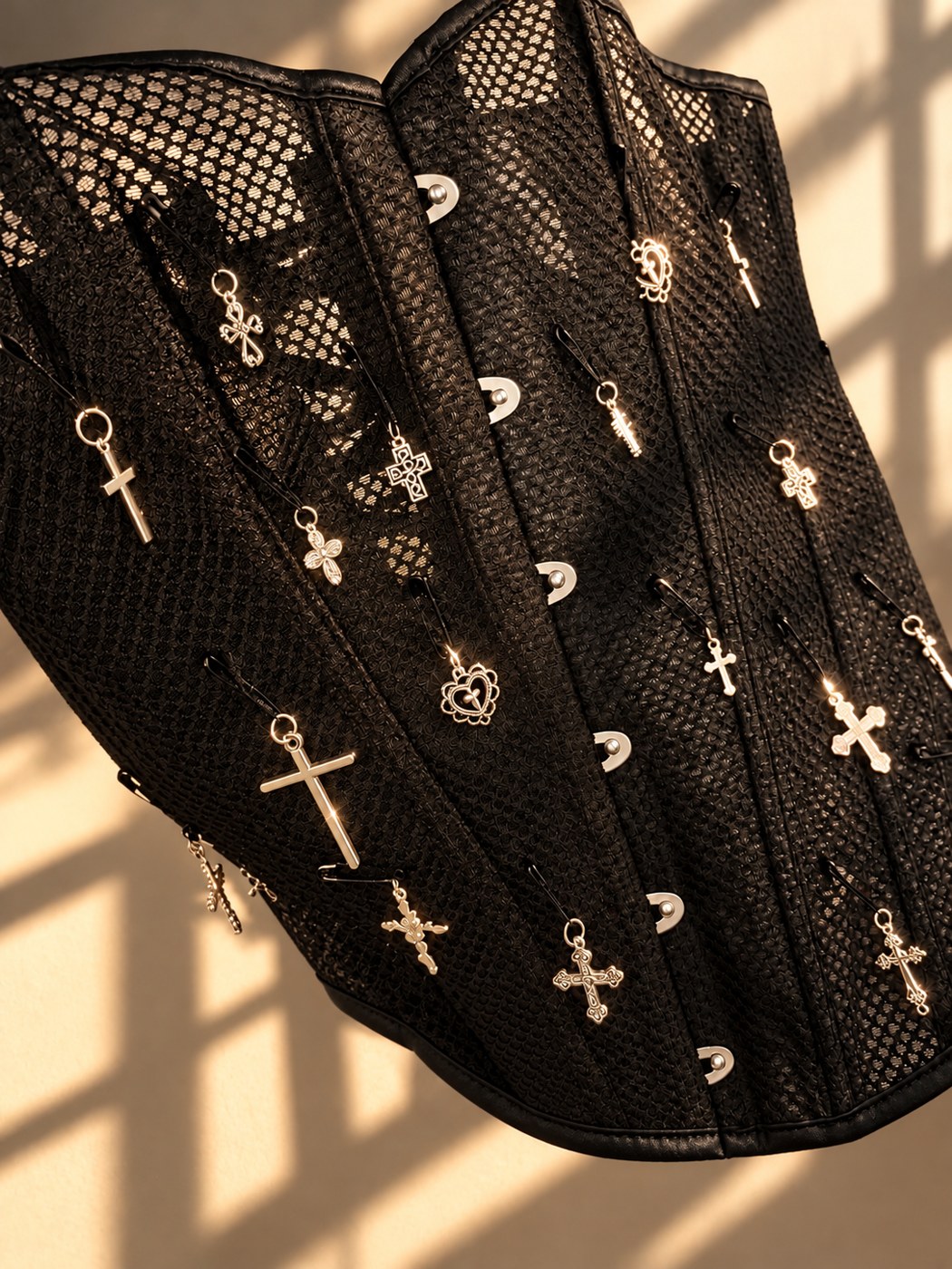 Black mesh corset hung with silver cross and heart charms in warm window light