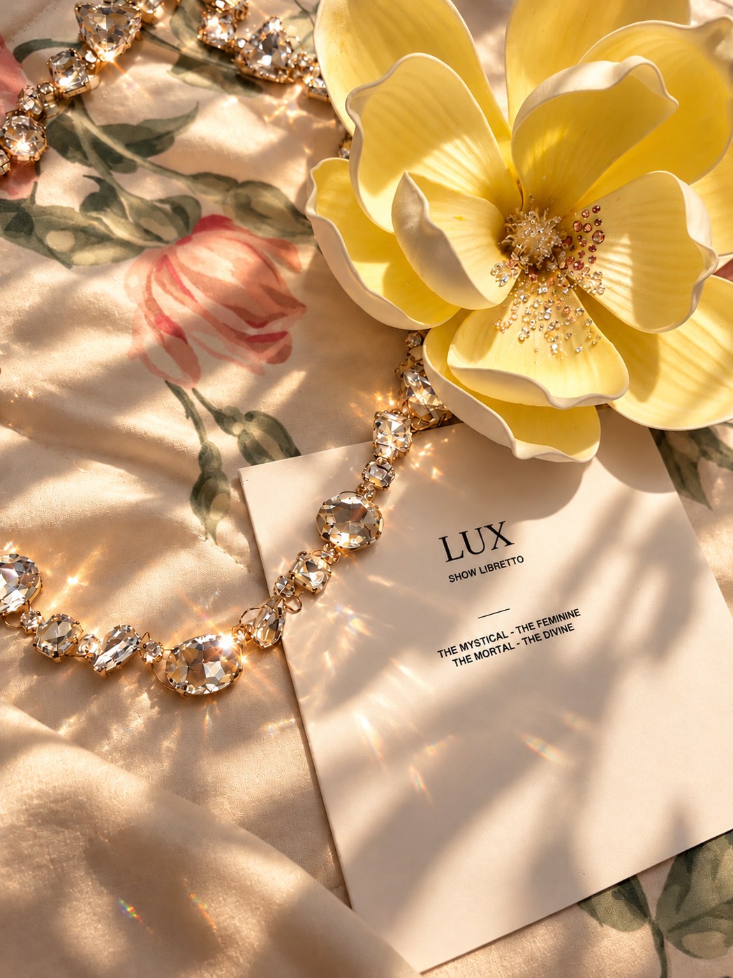 The LUX show libretto beside a crystal headpiece and a pale yellow magnolia on floral fabric